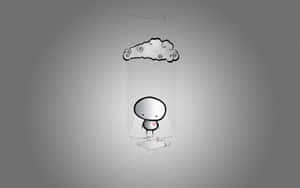 一個小卡通人物在灰色背景上，站在一朵降下心形雨的雲下。