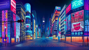 夜晚東京的霓虹燈街道，閃爍的招牌和空蕩的道路。