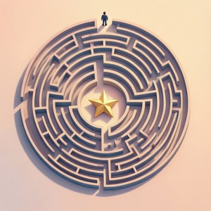 一個人站在圓形迷宮的邊緣，迷宮中央有一顆金色的星星。