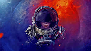 受損頭盔中的太空人在宇宙火焰和藍色薄霧中凝視前方。