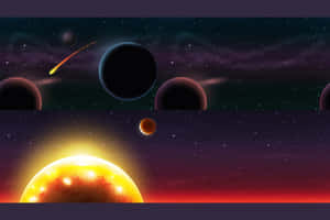 發光的太陽和軌道行星，彗星劃過星空。