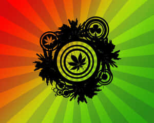 彩虹太陽爆發背景上的黑色大麻葉和圓形圖案。