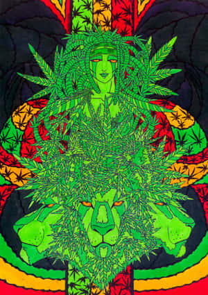 迷幻藝術中裝飾著大麻葉的綠色獅子和女性。