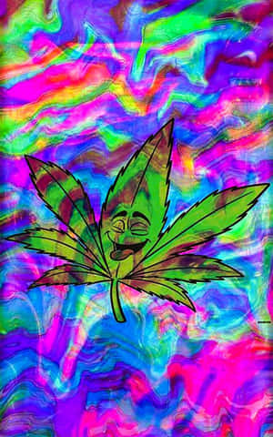 一個微笑的卡通大麻葉在旋轉的霓虹背景上。 — 植物 壁紙