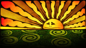 一個悲傷的太陽在綠色旋轉圖案上散發光芒。 — 迷幻 壁紙