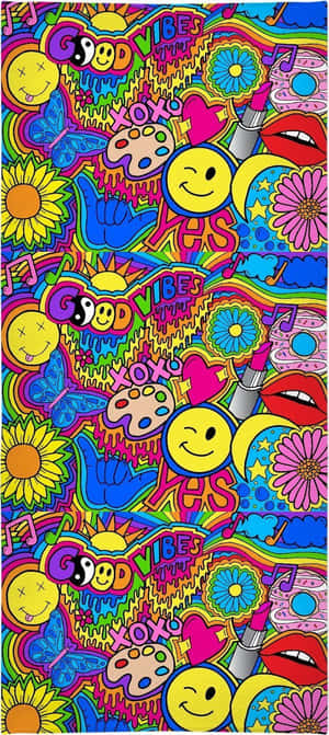 色彩繽紛的圖形壁紙，帶有笑臉、花朵和「good vibes」文字。