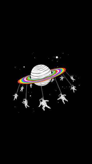 太空人從帶有彩虹環的行星上懸吊在太空中。