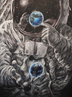 太空人在太空中手持兩個發光的藍色地球，背景佈滿星星。