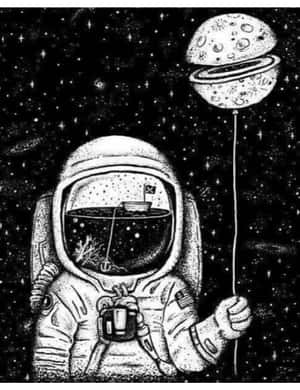 太空人手持月亮氣球，頭盔面罩內可見小船，背景是星空。