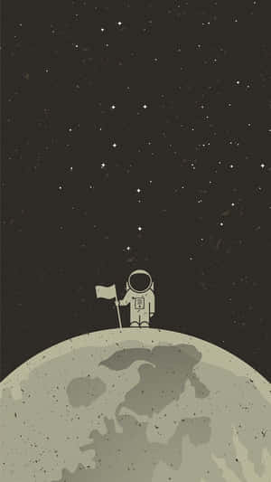 孤獨的太空人在月球上於星空下插旗。