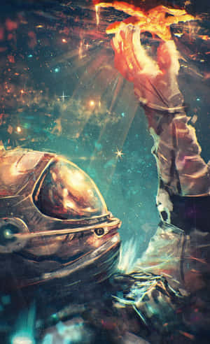 太空人在太空中手持燃燒物體，背景是星空。