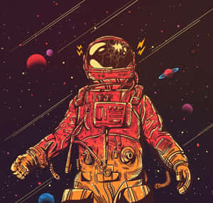 身穿紅色太空衣的太空人漂浮在色彩繽紛的行星和星星之間。