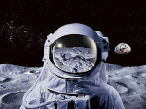 月球上的太空人透過頭盔面罩看著地球，背景有星星