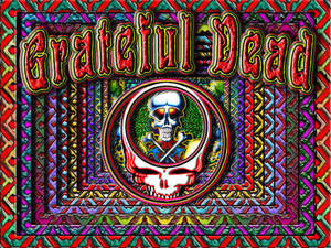 Grateful Dead 標誌，帶有骷髏頭和交叉骨頭，置於迷幻圖案框架中。