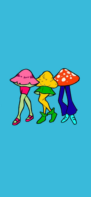 三個蘑菇頭卡通人物穿著色彩繽紛的服裝行走。
