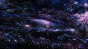 充滿活力的宇宙場景，星系和綠色流星劃過星空。