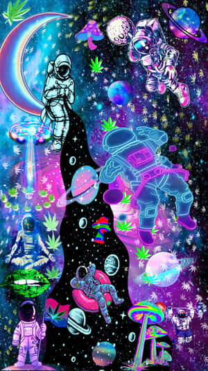 霓虹太空人在充滿蘑菇和大麻葉的迷幻星系中漂浮。