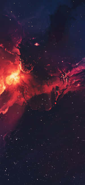 在深邃太空中，無數星辰間閃耀著火紅與紫色的星雲。