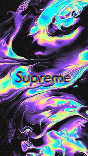 在星光點點的黑色背景上，帶有故障效果Supreme標誌的霓虹液體漩渦