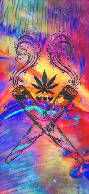 兩支交叉的大麻煙，煙霧裊裊升起，背景是色彩繽紛的宇宙紮染圖案。