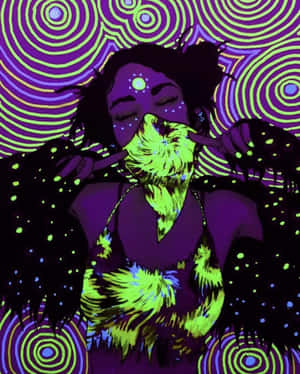 擁有發光綠色毛皮、閉著眼睛的人，背景是旋轉的紫色和綠色。 — 鬼滅之刃面具 壁紙