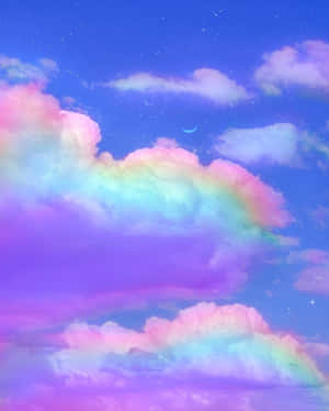 柔和彩虹雲在繁星點點的夜空飄浮，伴隨著一彎新月。