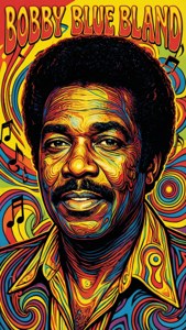 爵士音樂家 Bobby Blue Bland 的彩色迷幻插圖，帶有旋轉的音符。