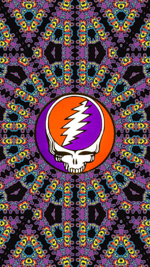 橙色和紫色的Grateful Dead骷髏標誌，被迷幻圖案包圍。