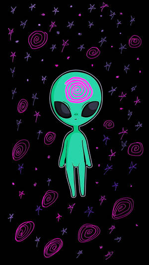 一個綠色卡通外星人，頭部是粉紅色螺旋形，漂浮在發光的星星中。 — Alienware GIF 壁紙