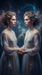 超現實的鏡像雙子星在星空背景下牽手。