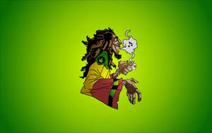 卡通拉斯塔男人抽著大麻煙，音樂音符在綠色背景上升起。