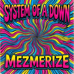 粗體文字顯示 System of a Down 和 Mezmerize，背景為迷幻漩渦。