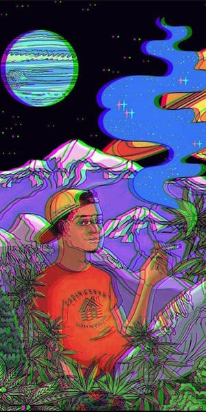 年輕人在超現實的戶外場景中吸食大麻，背景有外星行星和發光植物。
