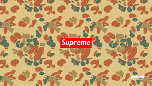 紅色Supreme標誌在抽象迷彩圖案背景上。