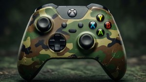 一個迷彩Xbox手掣，在長滿苔蘚的表面上可見磨損。