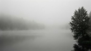 霧氣瀰漫的湖岸邊一棵孤樹，水面上霧氣升騰。 — 湖 壁紙