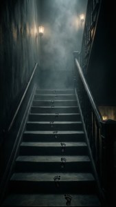 腳印沿著一條霧氣籠罩的石階向上，由黑暗走廊中的復古燈籠照亮。 — 小小夢魘 壁紙