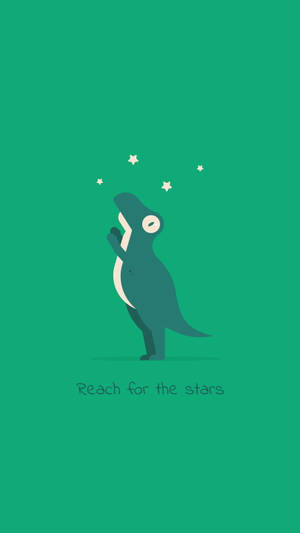 青綠色恐龍伸手觸碰星星，綠色背景上有「reach for the stars」文字