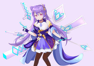 紫髮貓耳動漫女孩揮舞發光武器。