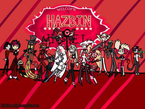 Hazbin Hotel 動畫角色在紅色招牌前擺姿勢。