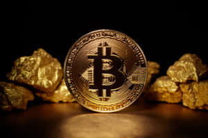 金色比特幣硬幣被粗糙金塊包圍在深色表面上。 — 比特幣 壁紙