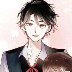 紅眼睛的動畫男孩抱著一個穿校服的女孩。 — 動畫小孩 壁紙