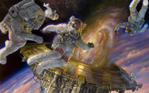 太空人在太空船附近的太空中漂流，身後是色彩繽紛的星系。