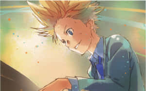 動漫男孩擁有刺蝟頭和藍眼睛，在抽象背景中溫暖微笑。