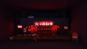 一個人在黑暗的遊戲機中心獨自坐在紅色霓虹酒吧。