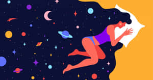 一個女人睡在枕頭上，在色彩繽紛的星空宇宙中漂流。 — 夢境 GIF 壁紙
