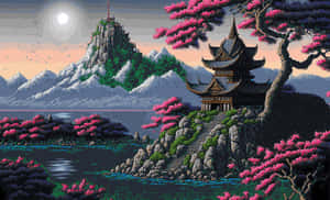 懸崖上的寺廟，櫻花和山湖，滿月下。