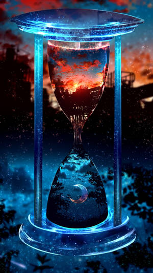 發光沙漏，上方顯示日落，下方顯示月光下的森林，背景是星空。