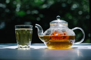白色桌子上的玻璃茶壺和茶杯，背景是綠色樹葉。
