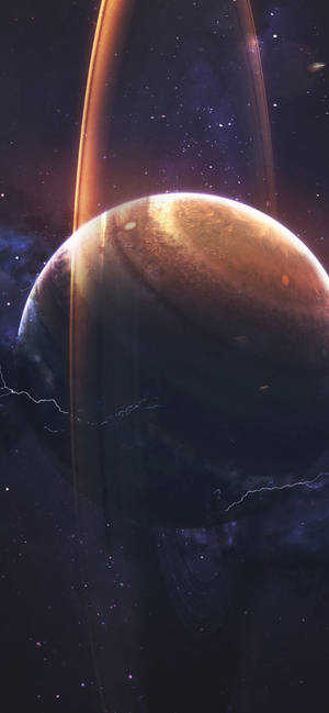 一顆發光的環狀行星，在太空中閃電環繞，周圍佈滿星星。